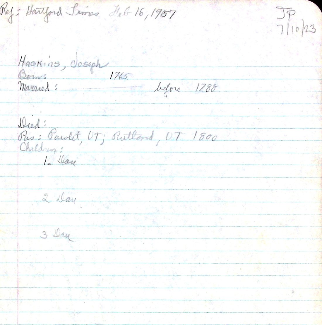 HASKINS, Joseph (b. 1765) 1800 Rutland Census